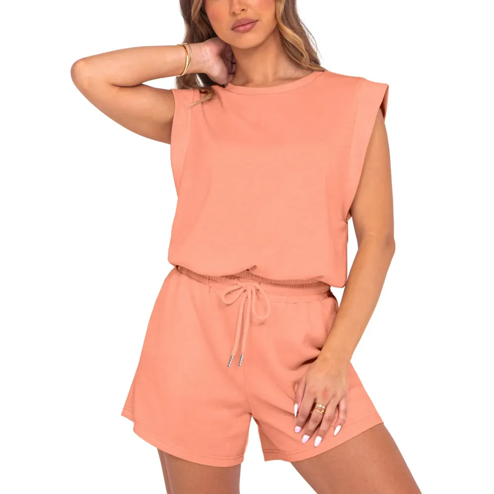 Women 2026 Summer Cap Sleeve Adjustable Drawstring Waistband Cozy Lounge Short Jumpsuit With Pocket
