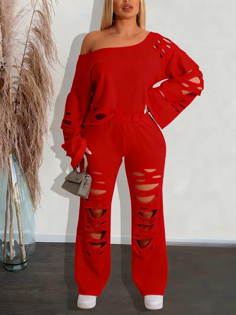 Women's Ripped Asymmetrical Neck Pullover & Wide Leg Pants Set