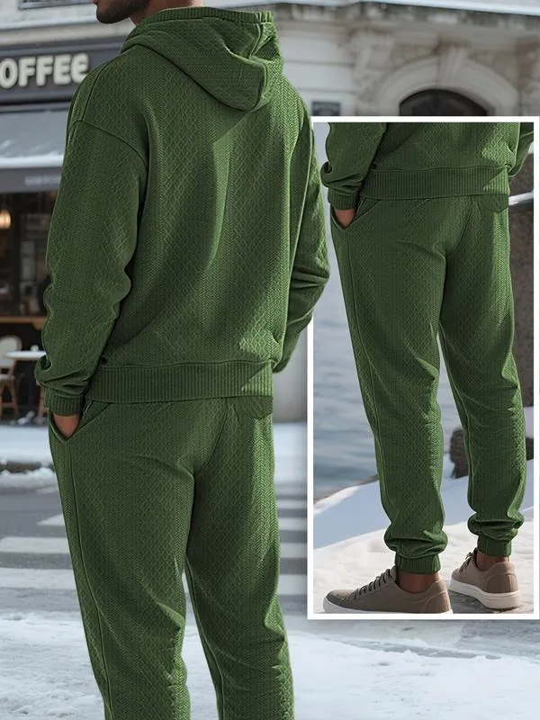 Two-piece men's solid color hooded sweatshirt and drawstring pants set