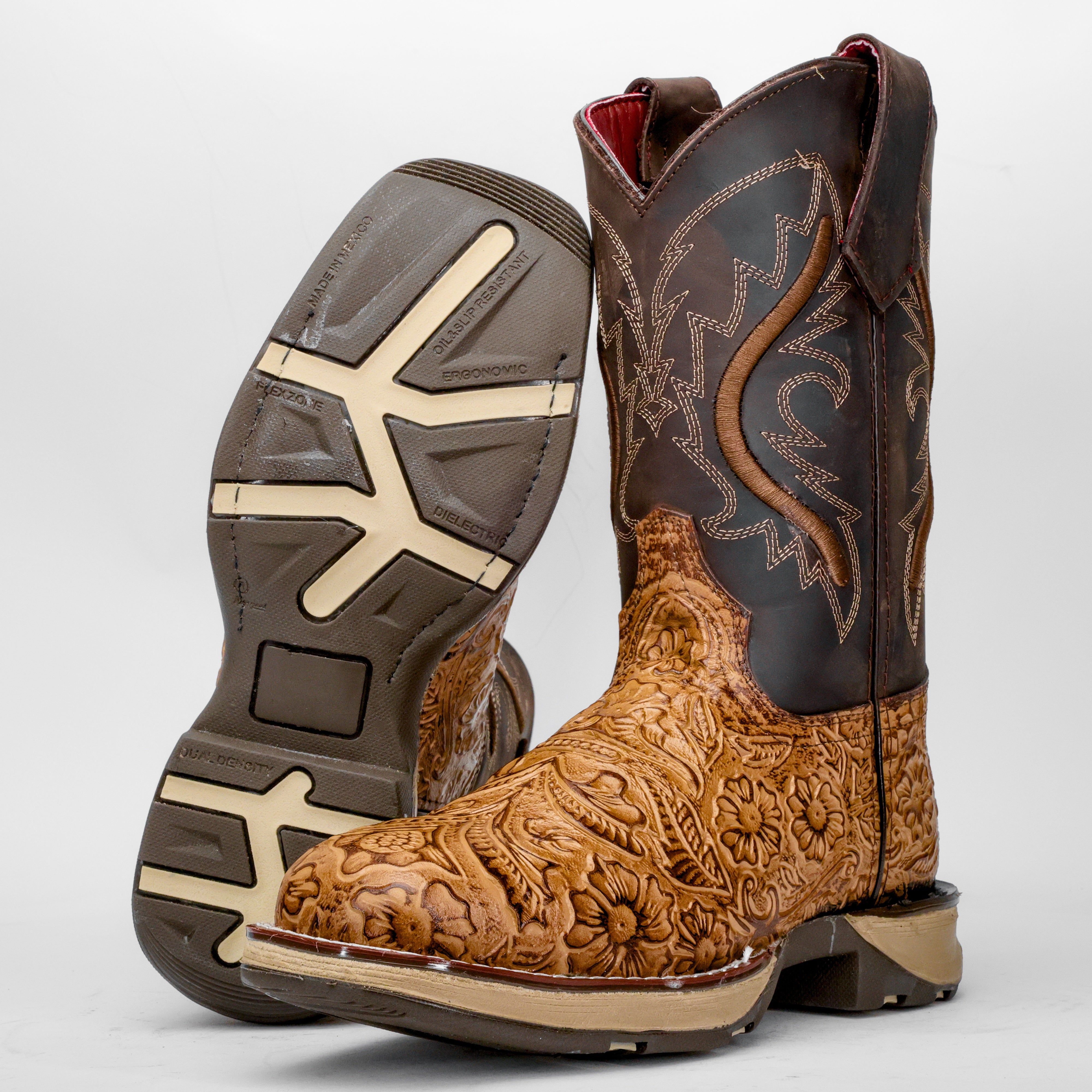 Honey Hand-Tooled Leather Boots With 3D Lightweight Sole - Composite Toe