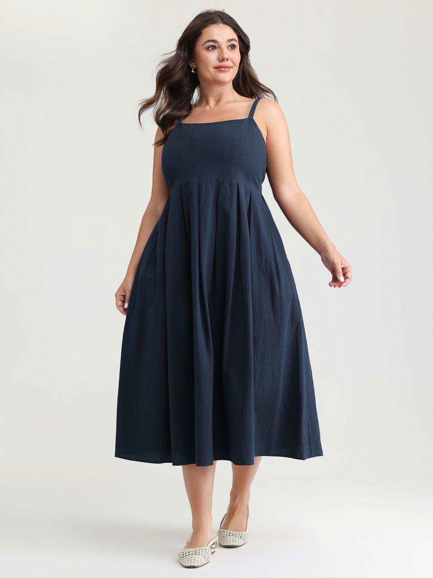 Pure Cotton Pleated Adjustable Midi Dress