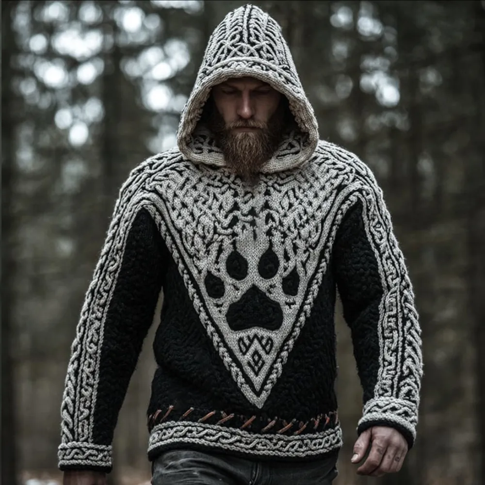 Men's Viking Style Celtic Knot Wolf Claw Contrasting Thick Needle Hooded Sweater