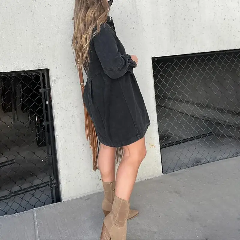 Washed Denim Puff Sleeve Mini Dress – Short-Length Collared Button Down with Ruffle Hem & Matte Silver Buttons