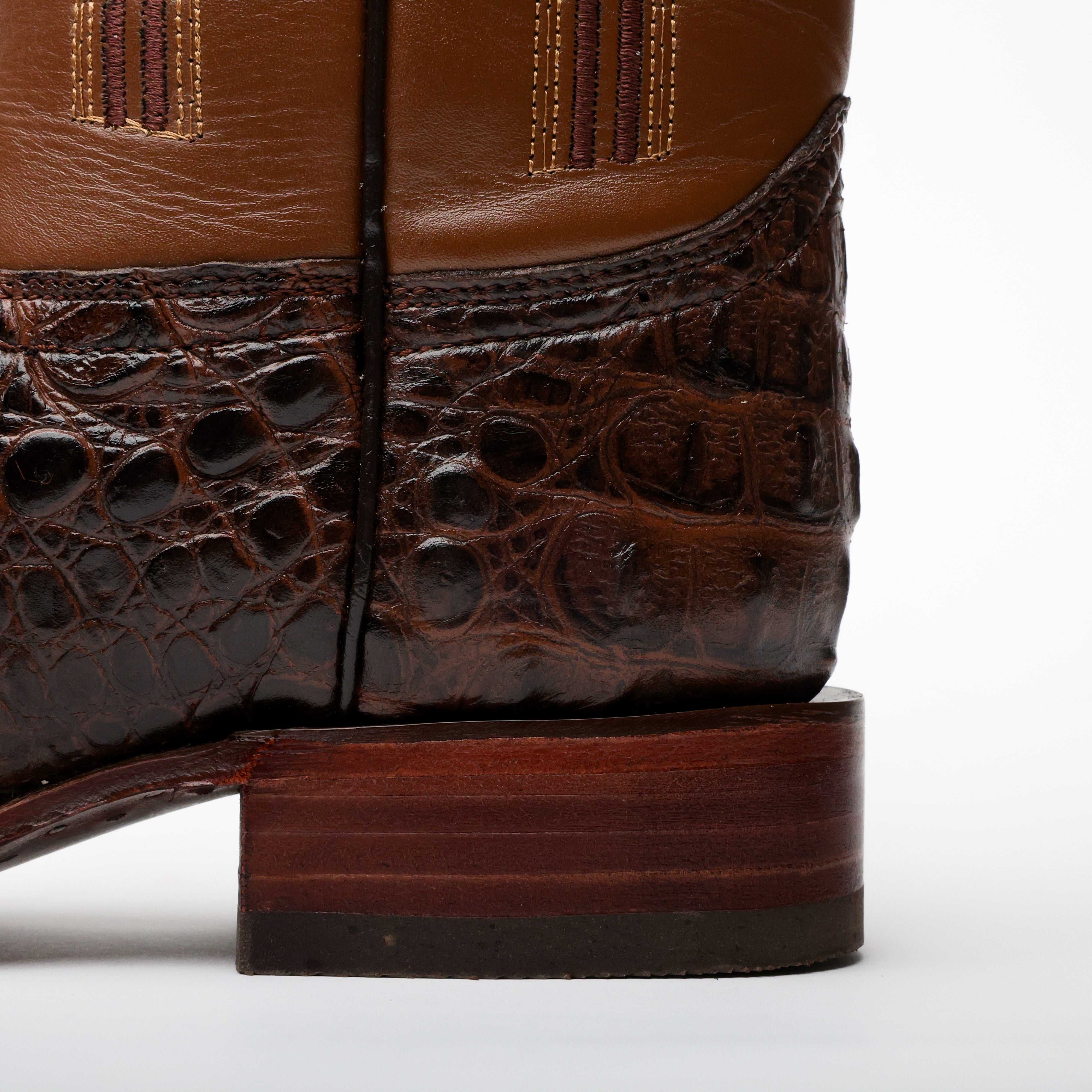 Brown Caiman Neck Leather Boots - Square Toe