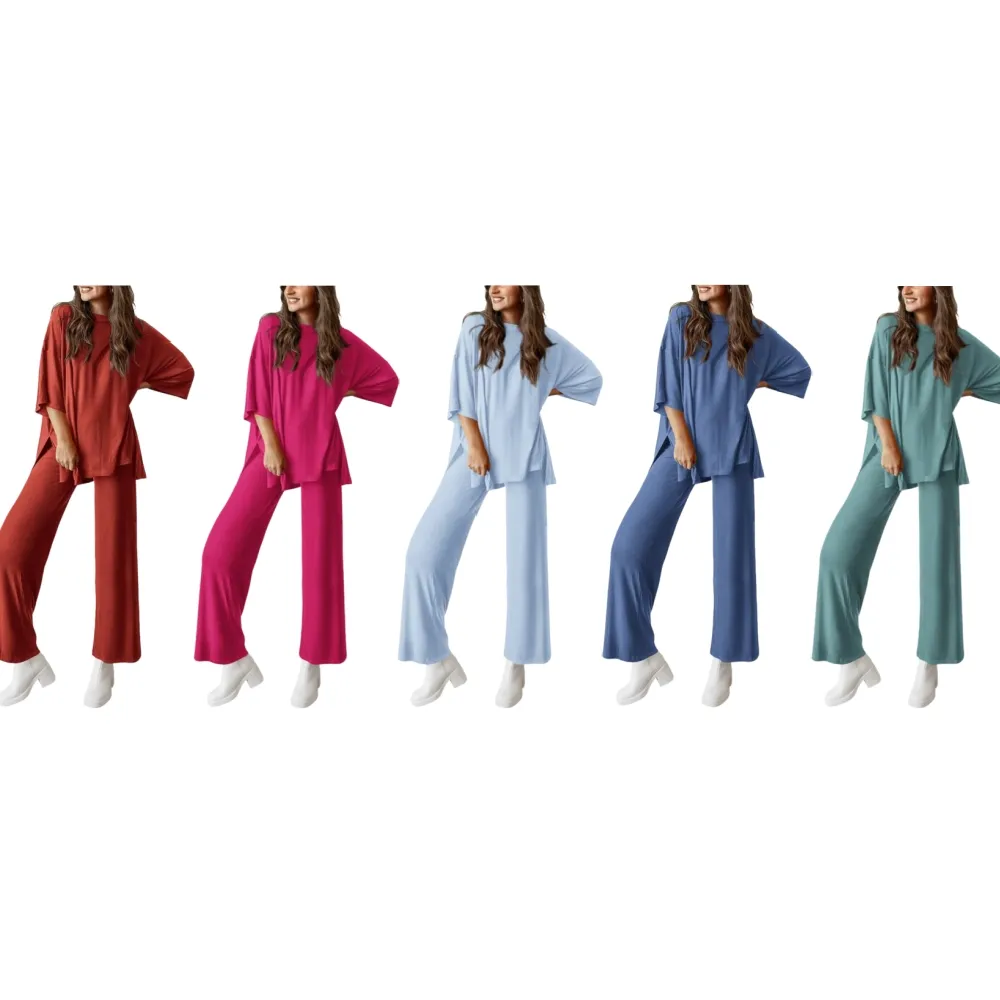 Women's Short Sleeve Pullover Tops Wide Leg Pants Lounge Sets