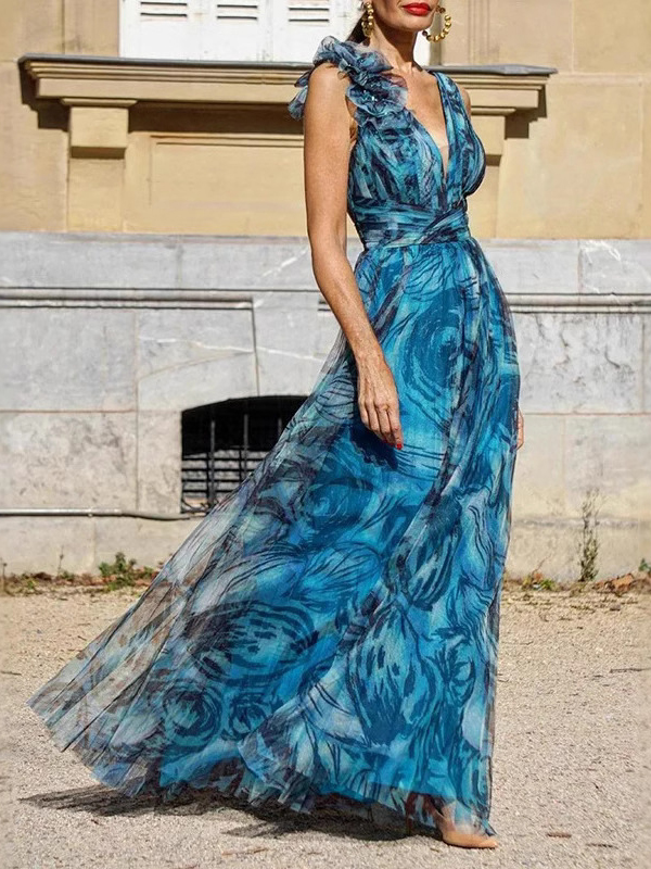 Flower Printed Sleeveless V-Neck Ruffled Elegant Backless Maxi Dresses