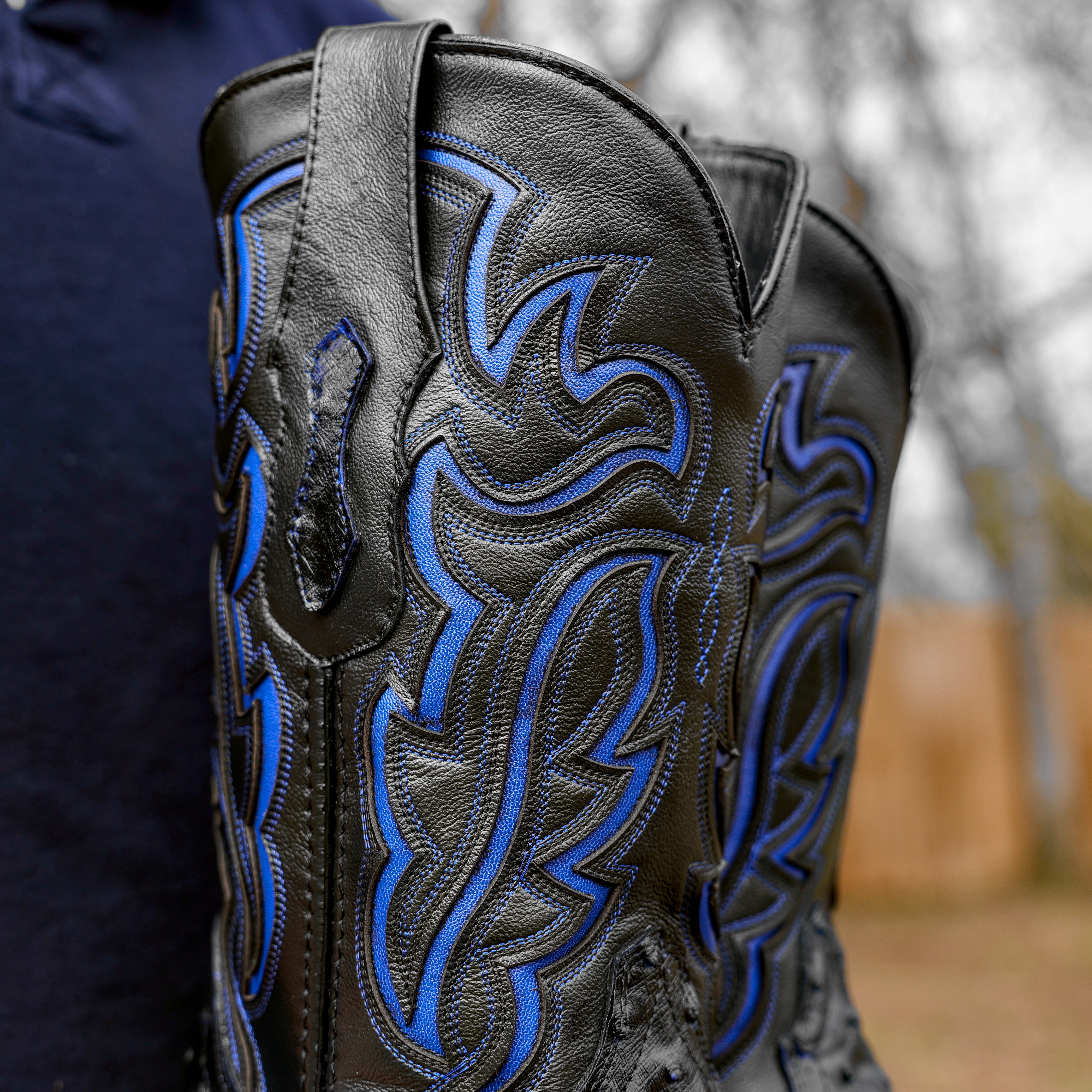 Black/Blue Ostrich Leather Boots - Square Toe