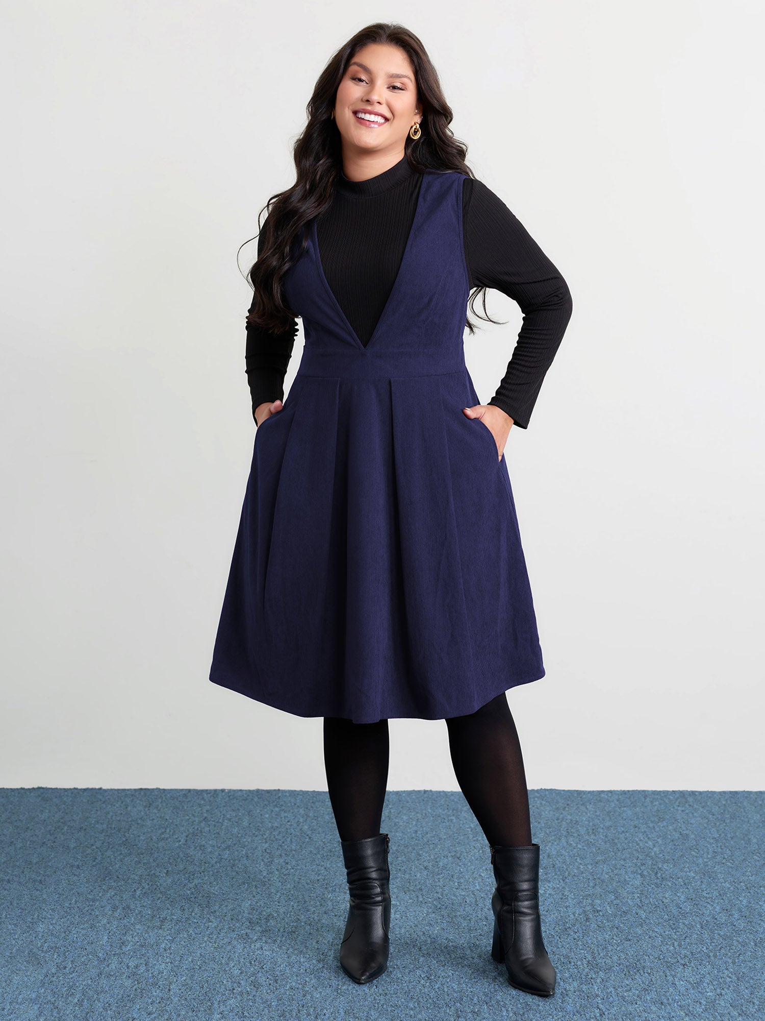 Corduroy Stretchy Waist V-Neck Mini Dress