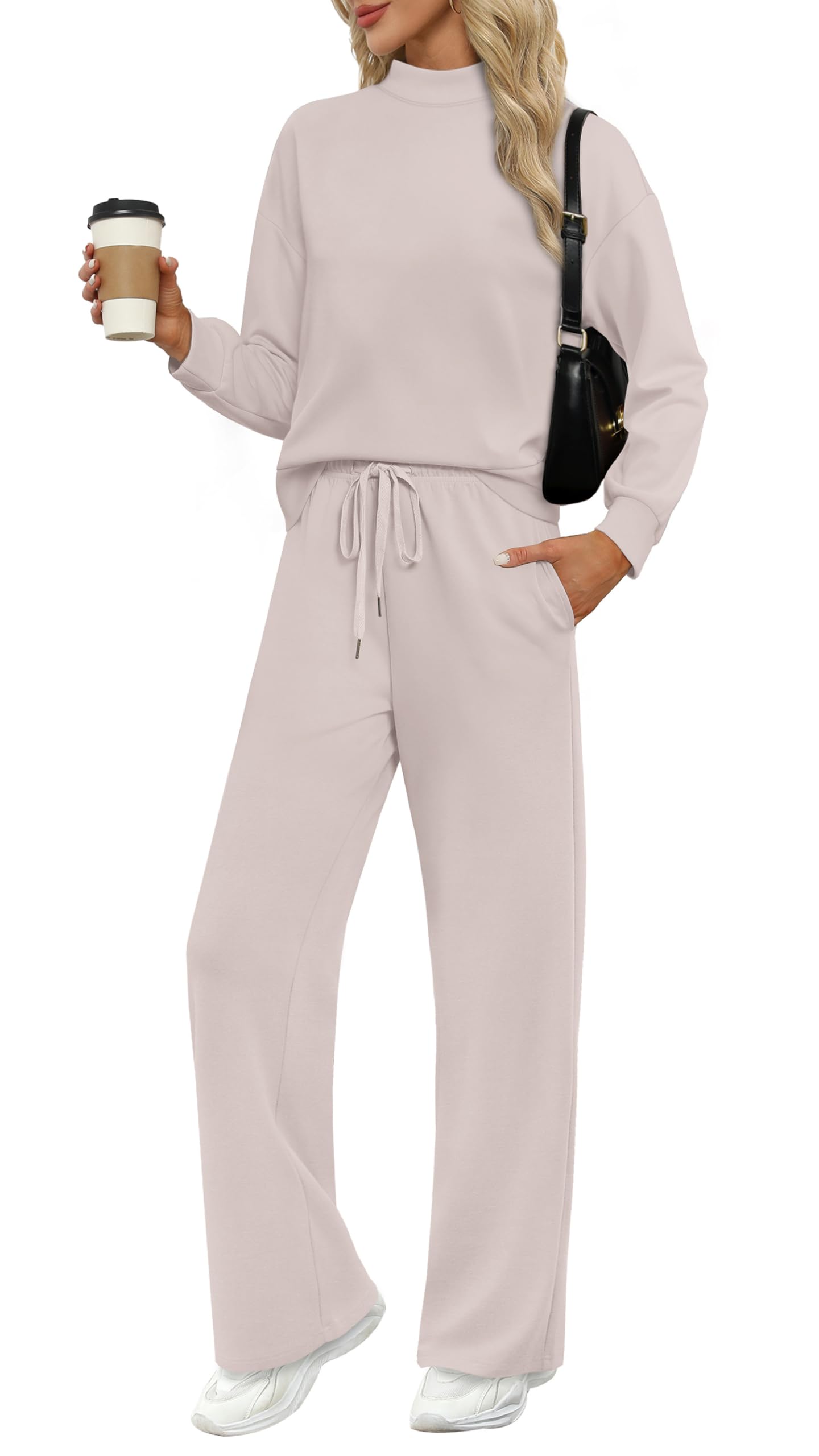 WIHOLL Two Piece Sets for Women Fall Outfits Lounge Sets Mock Neck Tops Wide Leg Pants Vacation Travel Airport Outfits