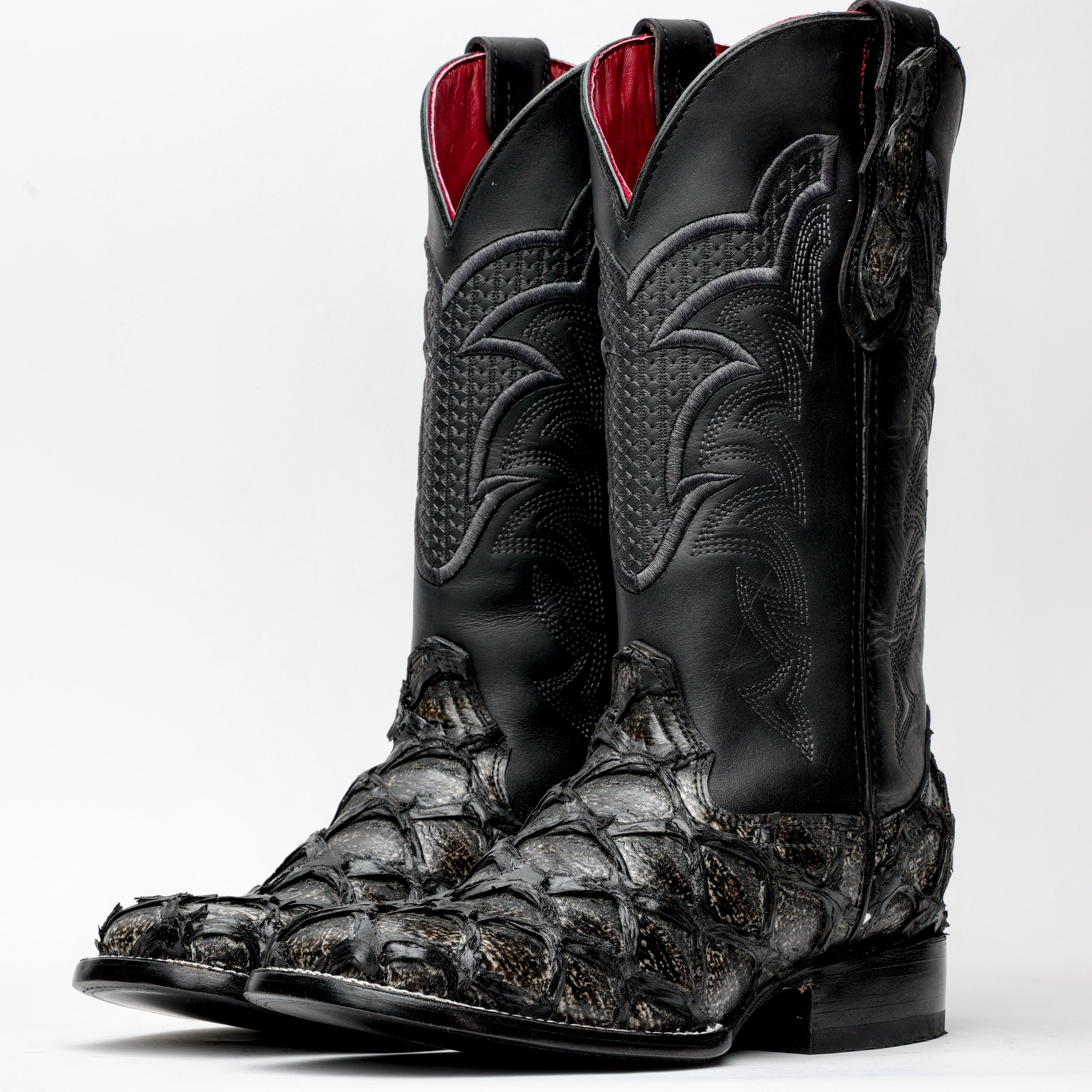 Midnight Grey Jumbo Pirarucu Leather Boots - Square Toe