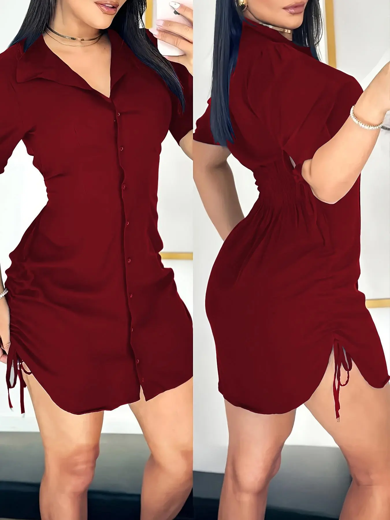 Women's Solid Color Basic Shirt Collar Button Front Dress, Casual Short Sleeve Curved Hem Dress for Daily Wear, Ladies Clothes for Spring & Fall, Collared
