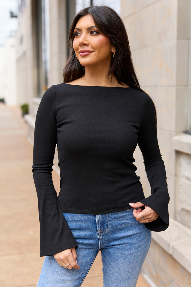 Roan Black Ribbed Long Bell Sleeve Top