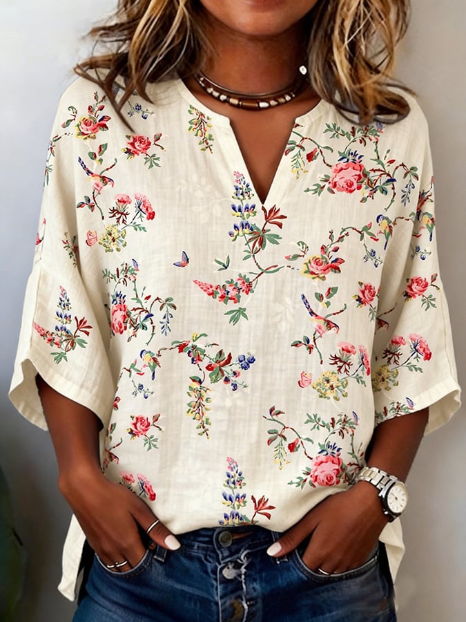 Women's Casual Spring Floral Cotton Linen Top