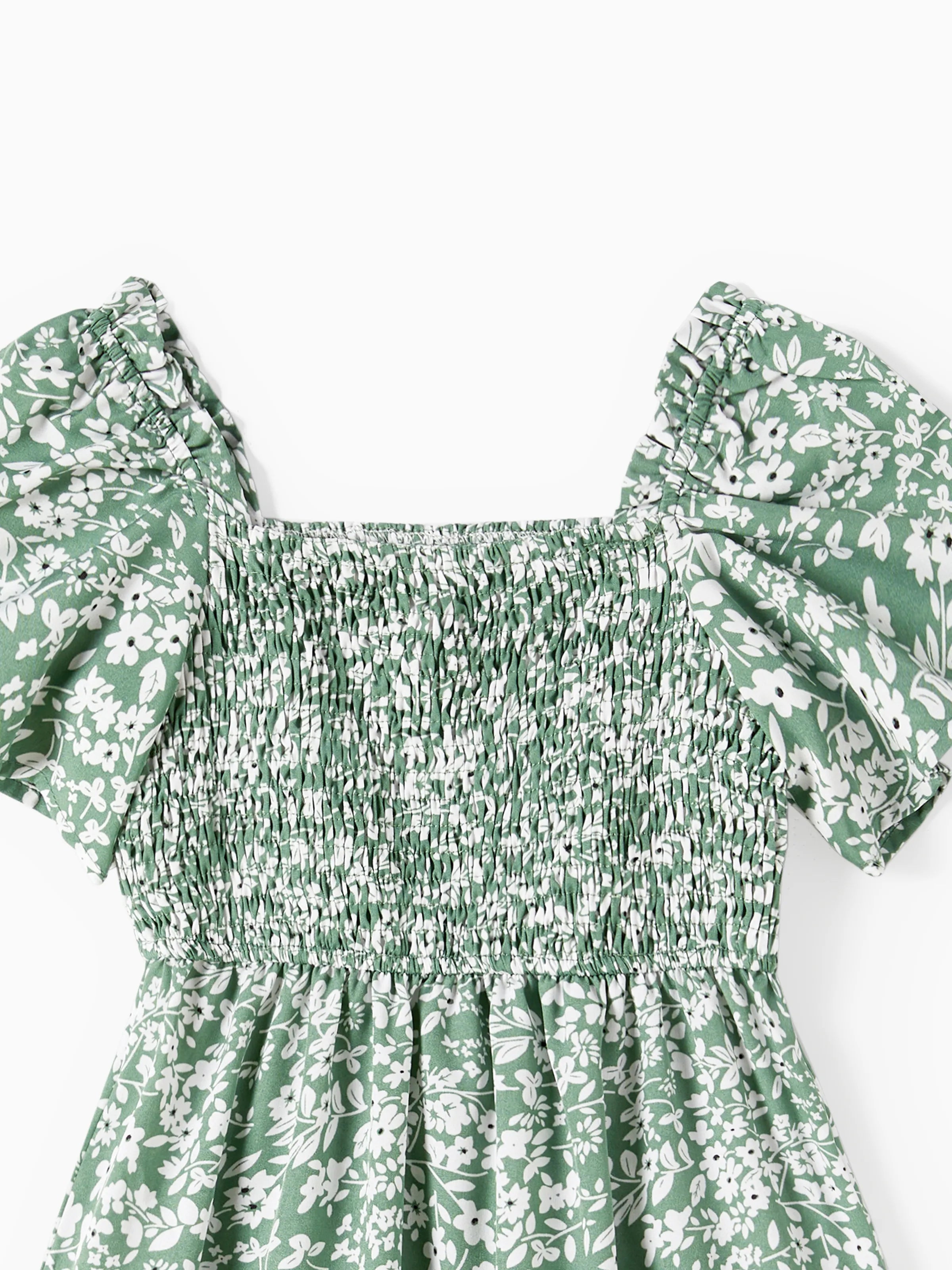 Elegant Broken Flower Matching Outfits for Family, Smocking Design, Medium Thickness Green