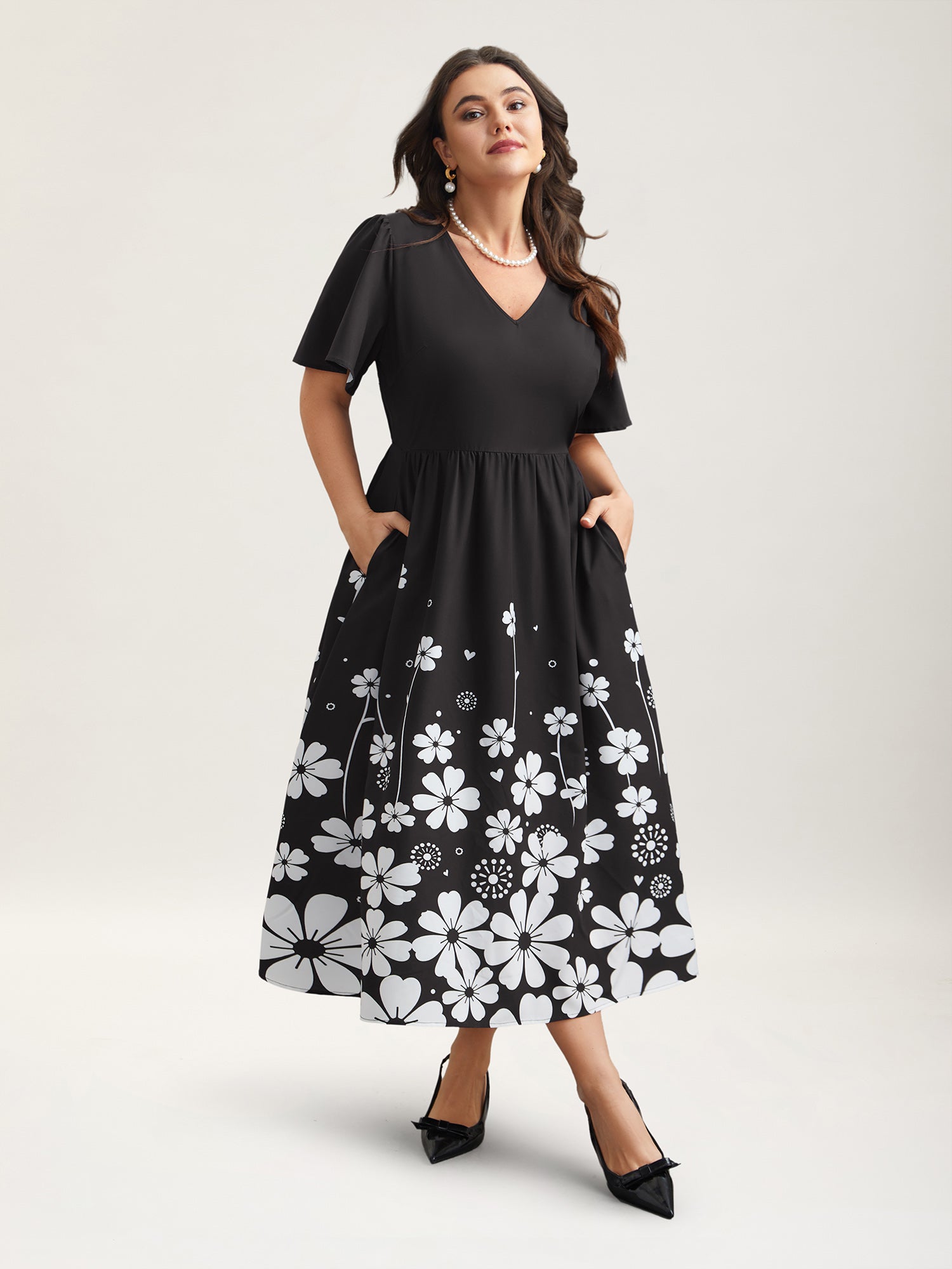 V-Neck Floral Print Flared Sleeve Dress