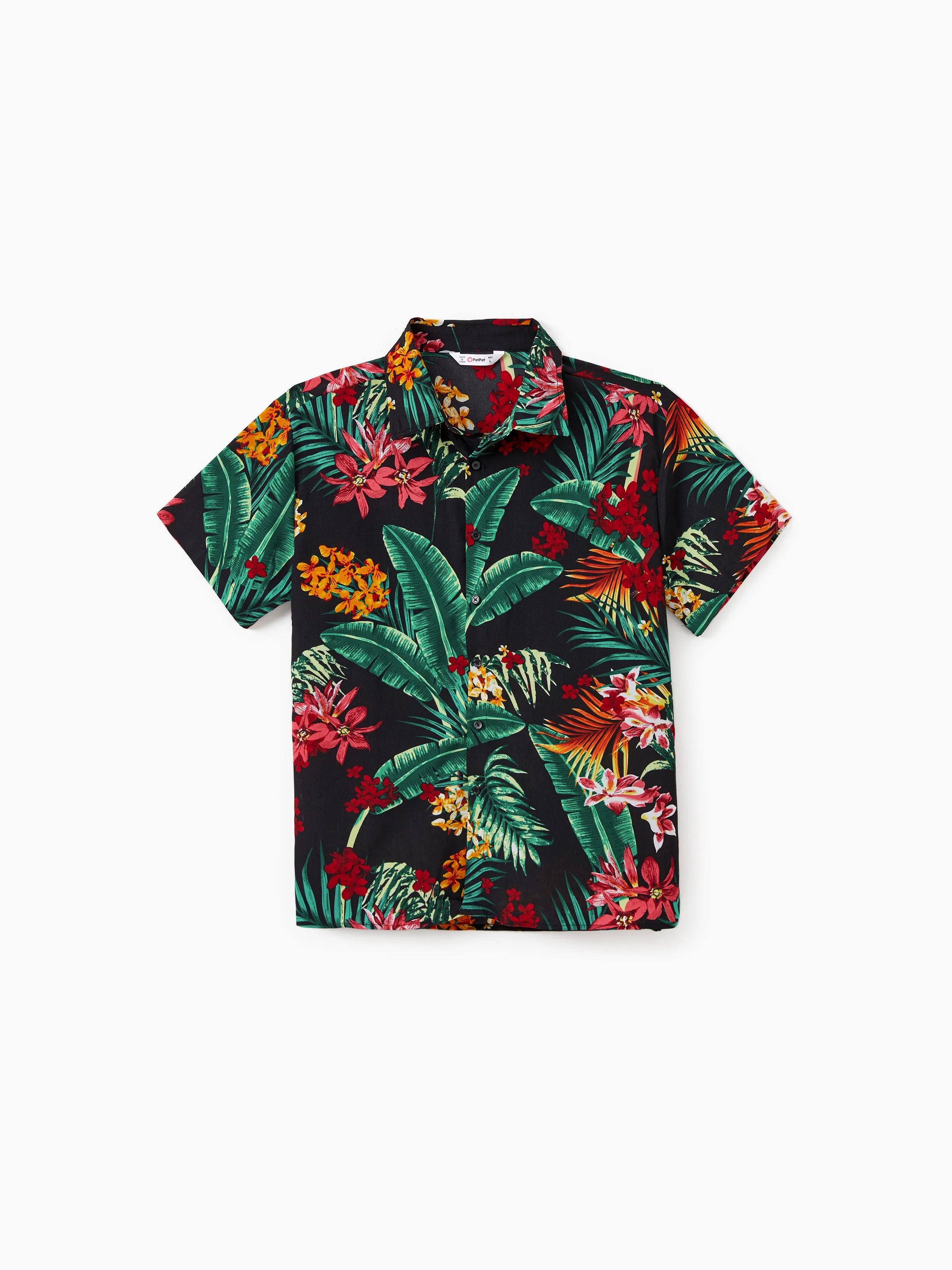 Family Matching Allover Plant Floral Print Halterneck Dresses and Short-sleeve Shirts Sets Black