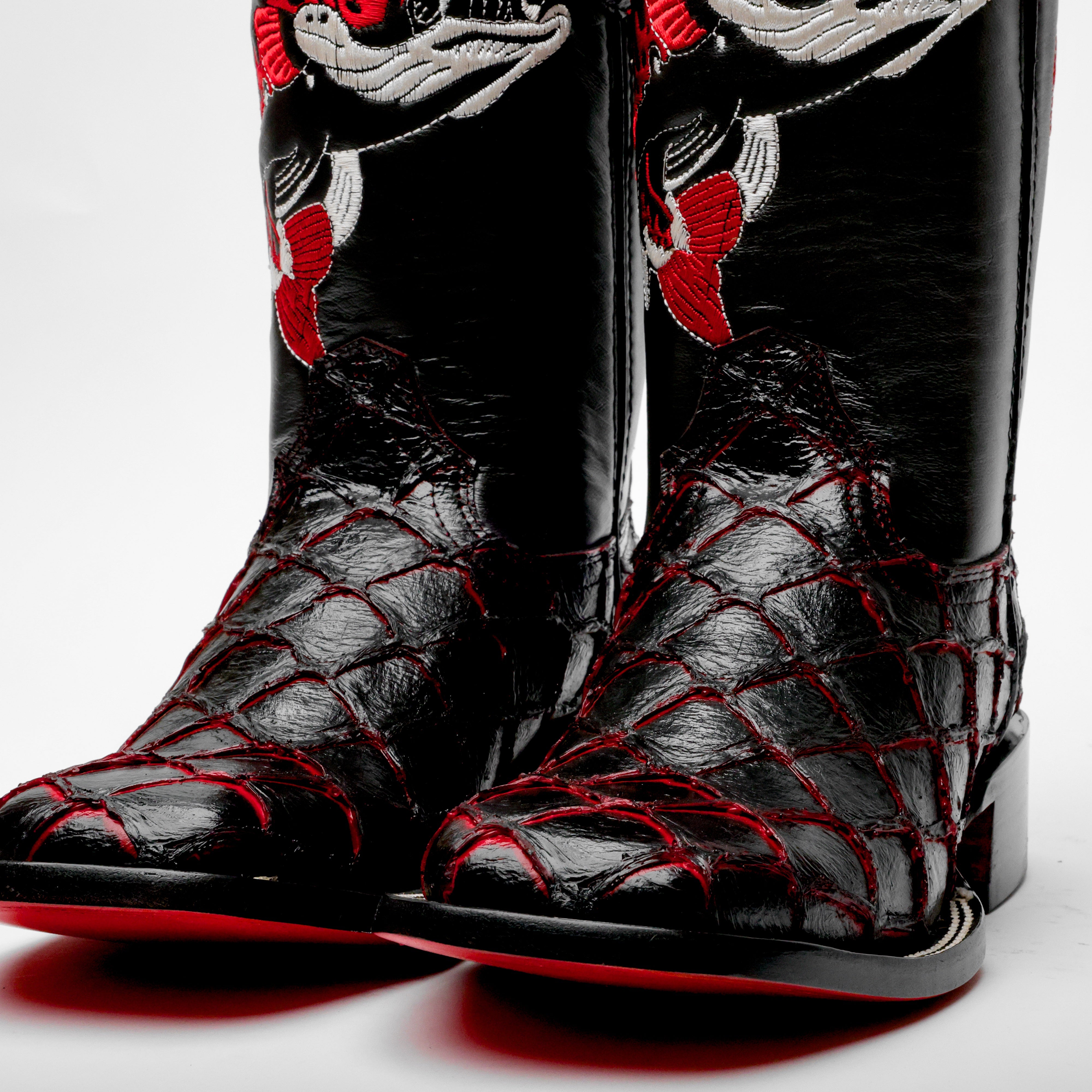 Black Cherry Pirarucu Leather Boots - Square Toe