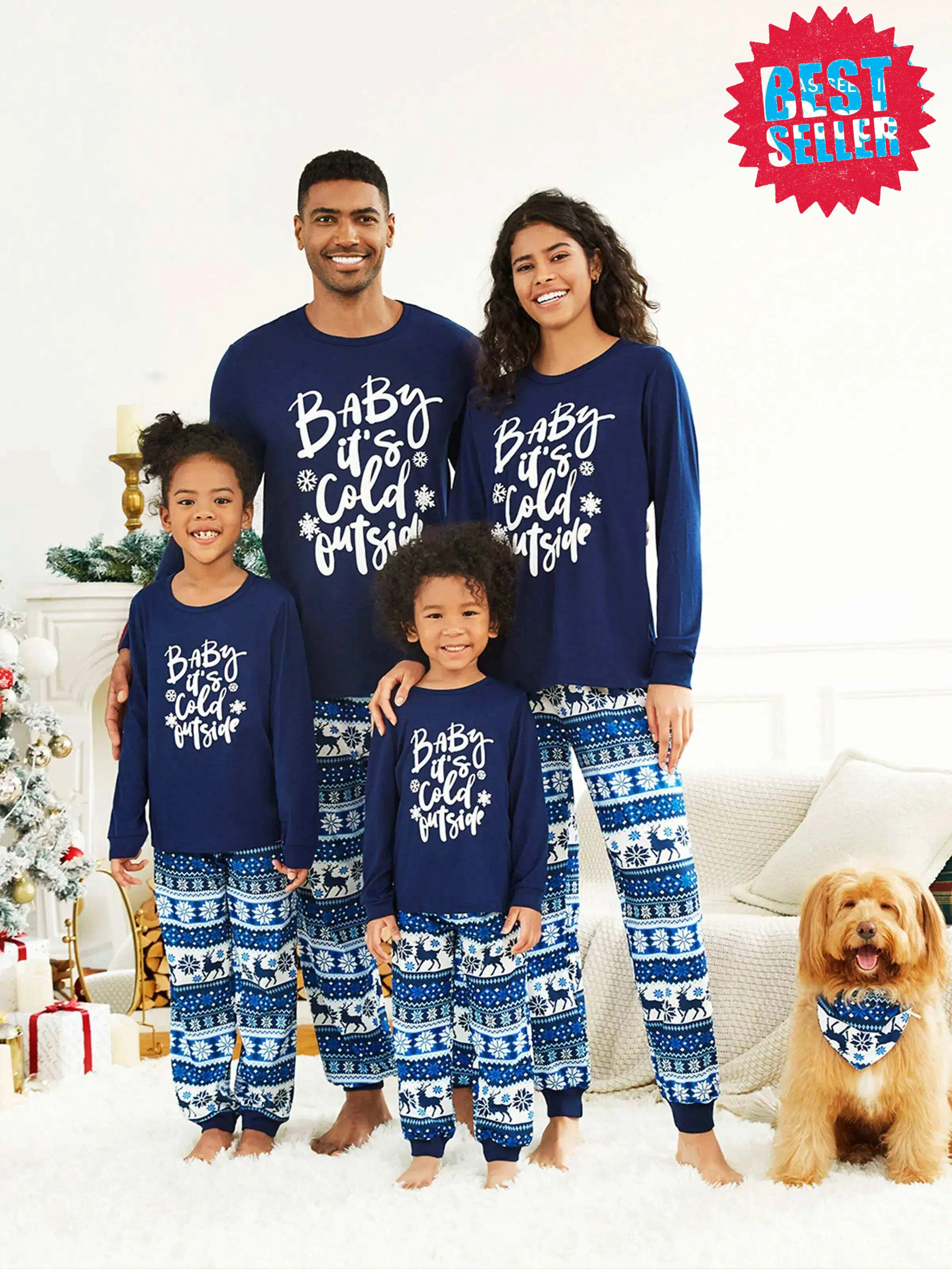 Mosaic Family Matching Letter Top Reindeer Pants Christmas Pajamas Sets with Christmas Socks Deep Blue