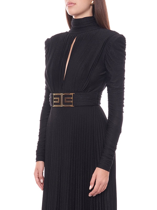 Long Sleeves Pleated Solid Color Split-Side V-Back High-Neck Evening Dresses Maxi Dresses