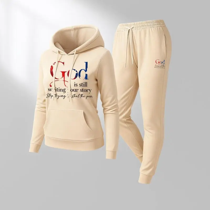Women'S God Letter Print Hoodie And Drawstring Track Pants Set