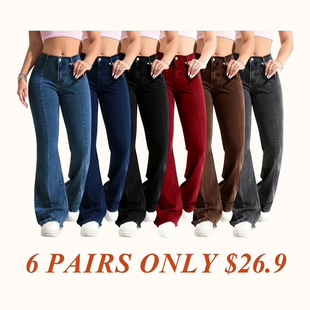 Women's Blue Washed Denim Flare Pants, Fashionable Comfortable Versatile Elastic Jeans