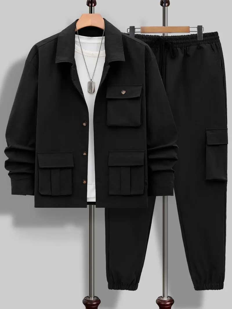 Men's Casual Solid 2-Piece Shirt & Pants Set (Long Sleeve, Spring & Fall)