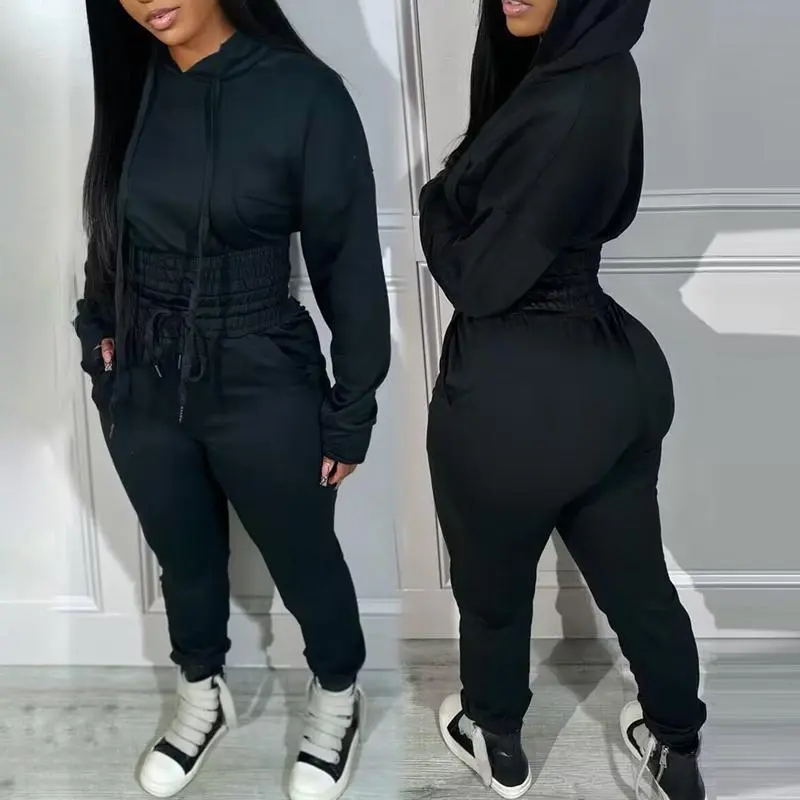 Womens 2 Piece Outfits Lounge Hoodie Shirred Waist Pocket Design Sweatshirt Cuffed Jogger Sweatpants Tracksuit