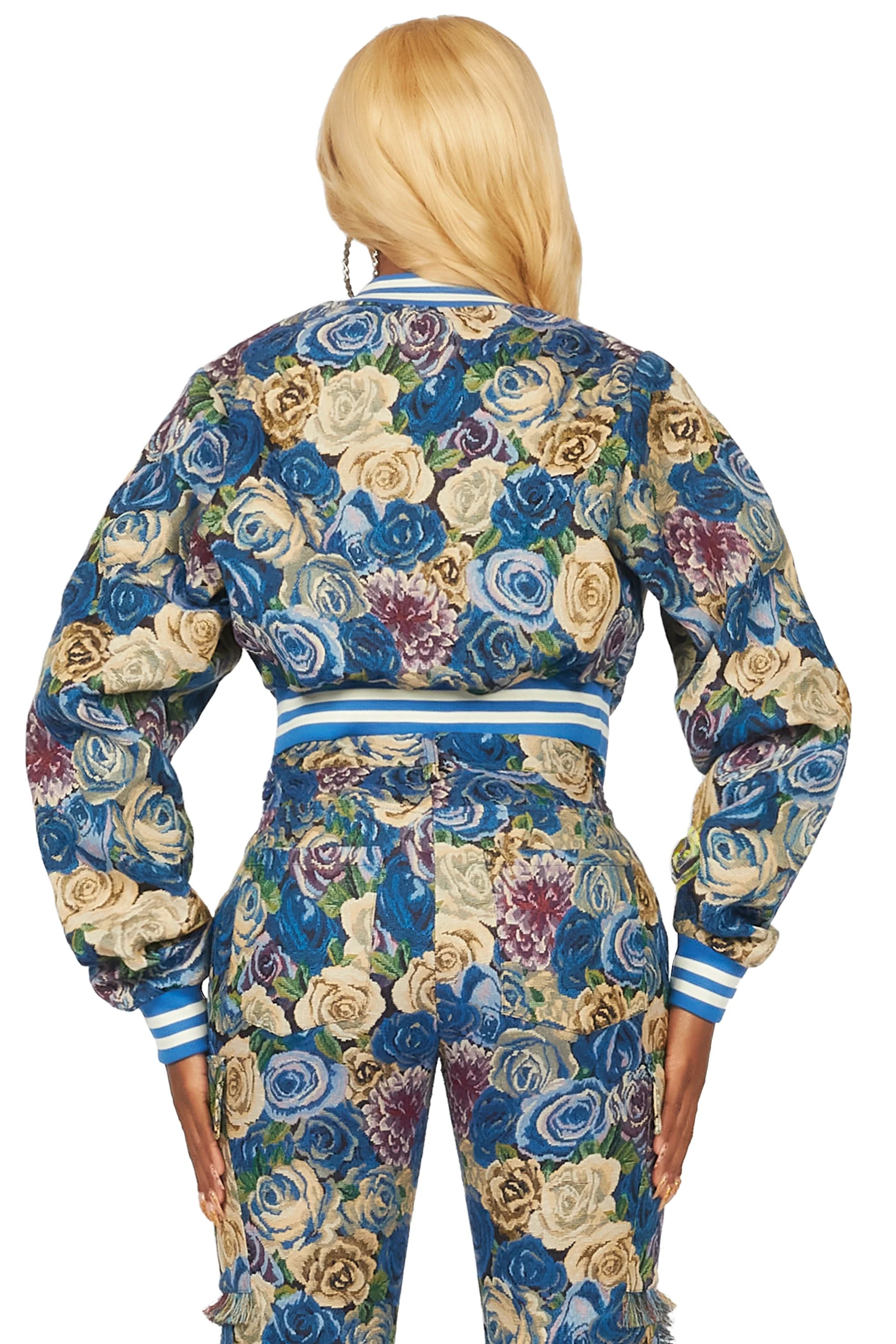 Darresha Blue Crop Tapestry Varsity Jacket