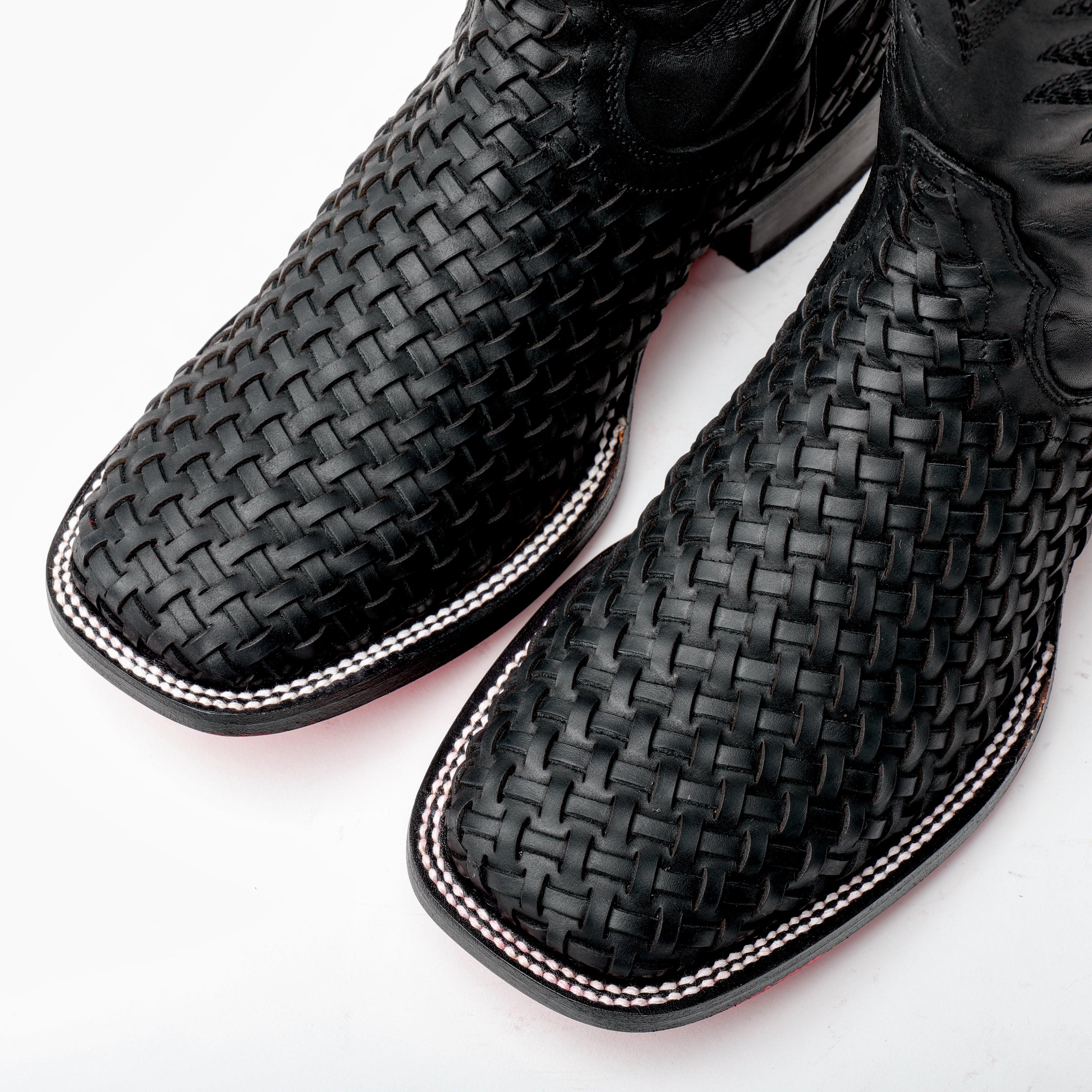 Black Basketweave Leather Boots - Square Toe