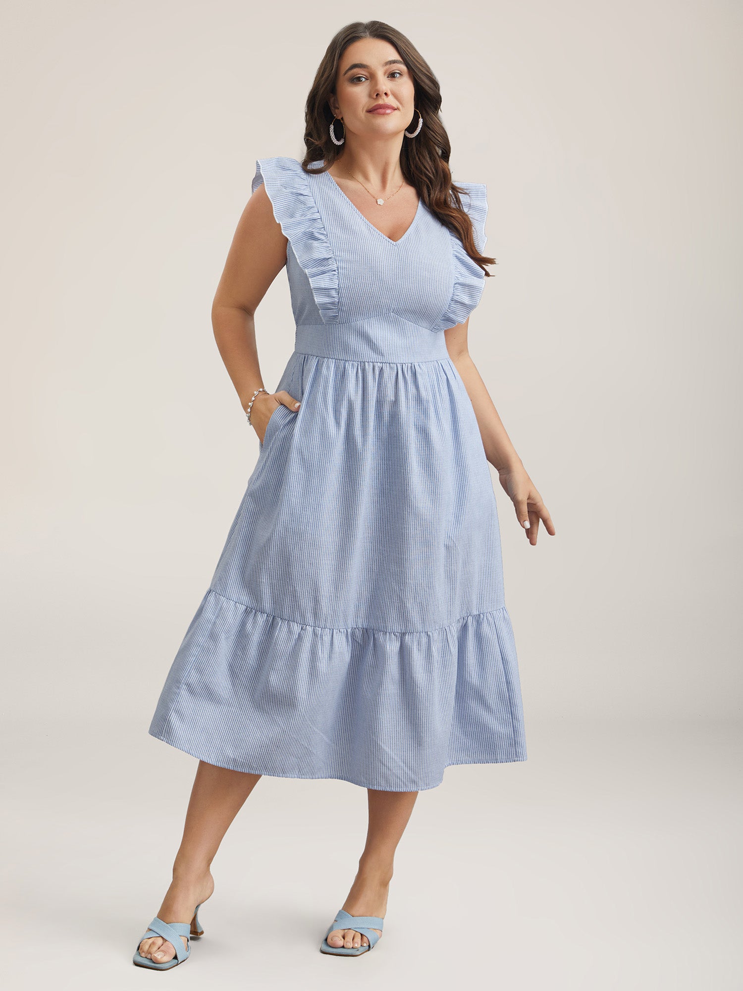 Ruffled Striped Print Triangular Waist Midi Dress