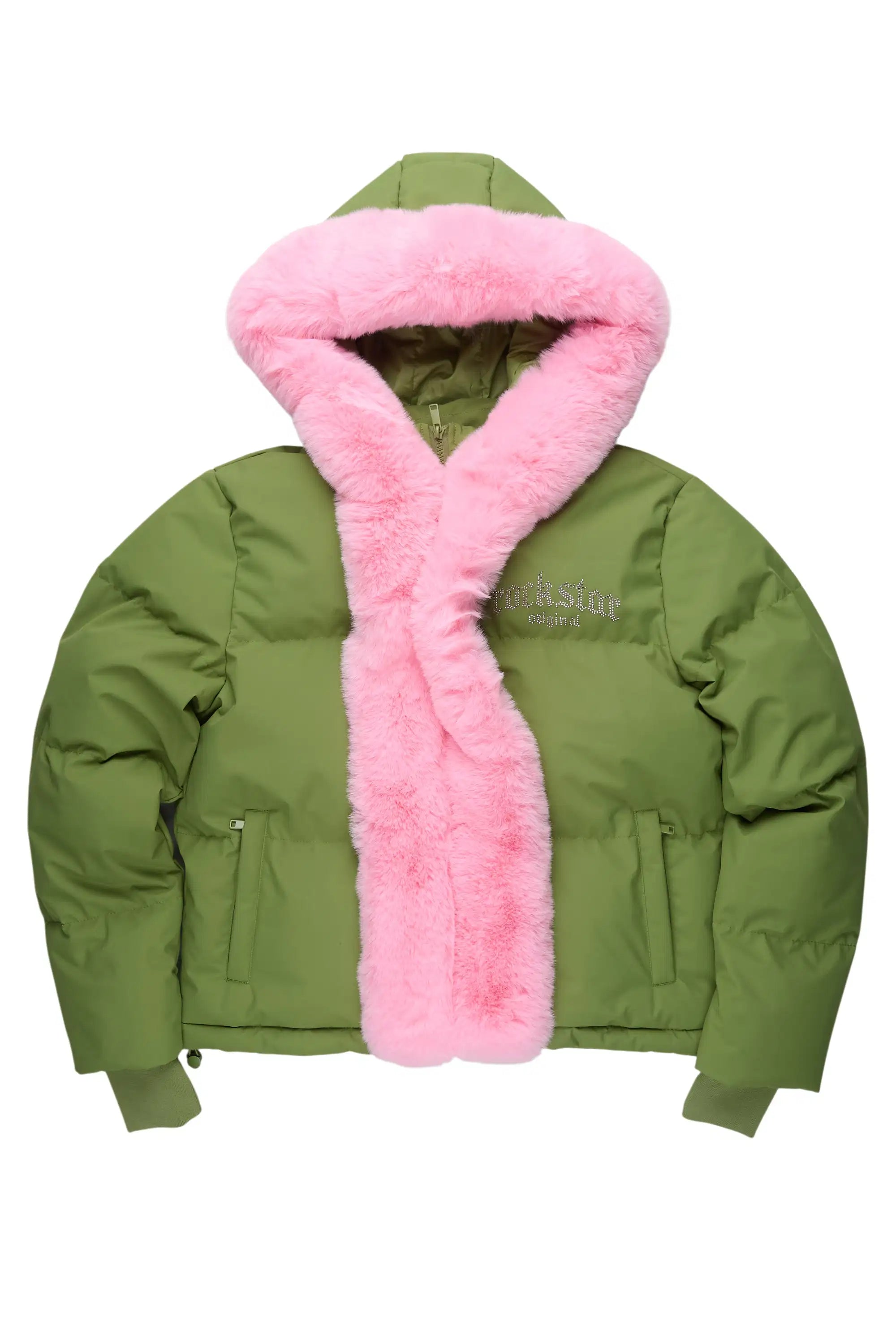 Dontaisha Olive Puffer Jacket With Fur Trim