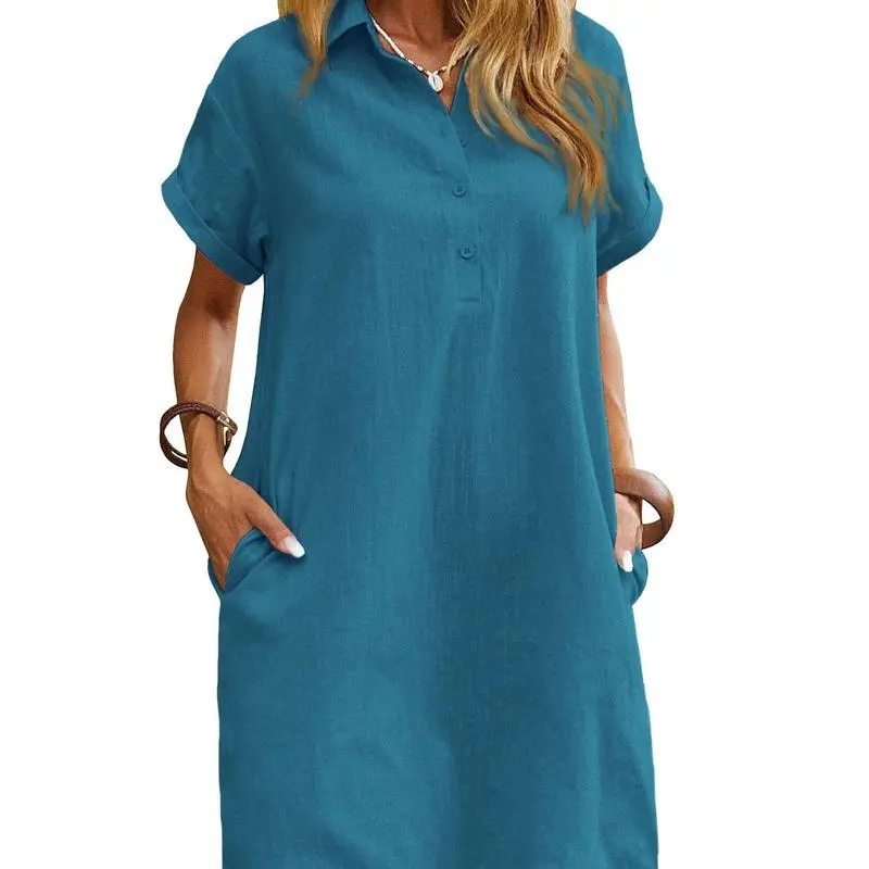 Womens Cotton Shirt Dress Summer Casual Short Sleeve Button Down Beach Cover Up Shirts with Pockets