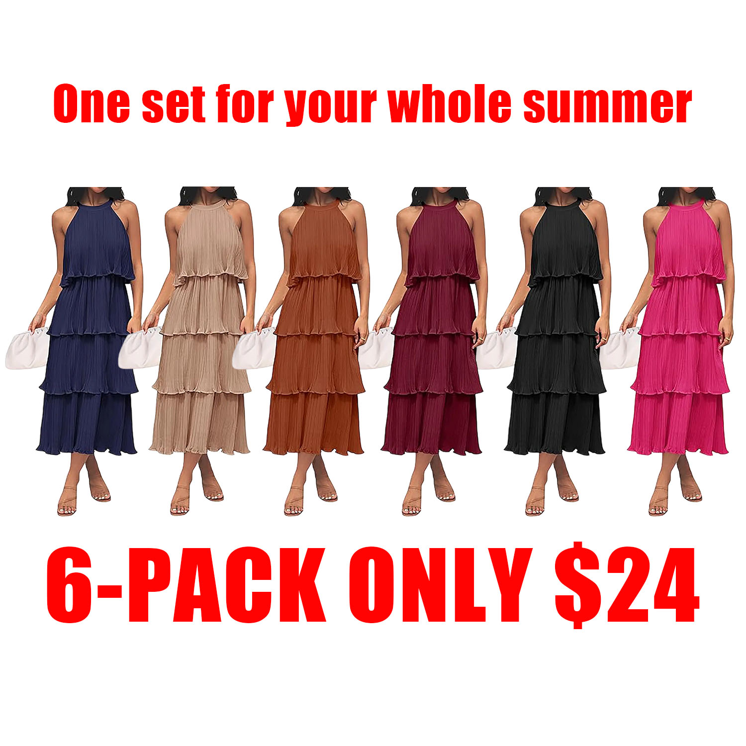 Women's 2025 Summer Sleeveless Halter Neck Ruffle Tiered Layed Chiffon Flowy Swing Long Midi Dress