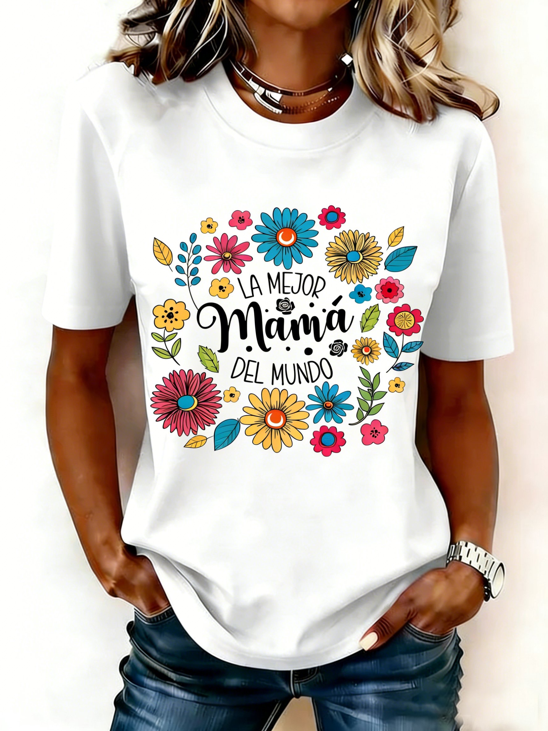 Mother's Day Letter Pattern Floral Short Sleeve Round Neck Loose  Casual T-Shirt