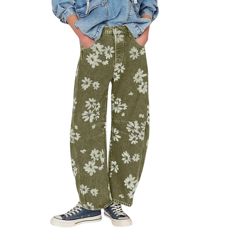 Women's Minimalist Floral Denim Jeans — Y2K Style Loose Wide-Leg Pants