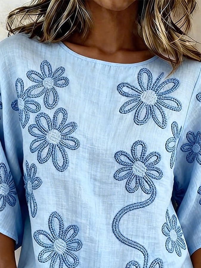 Women's Casual Round-Neck Printed Cotton-Linen Top- Fast Shipping