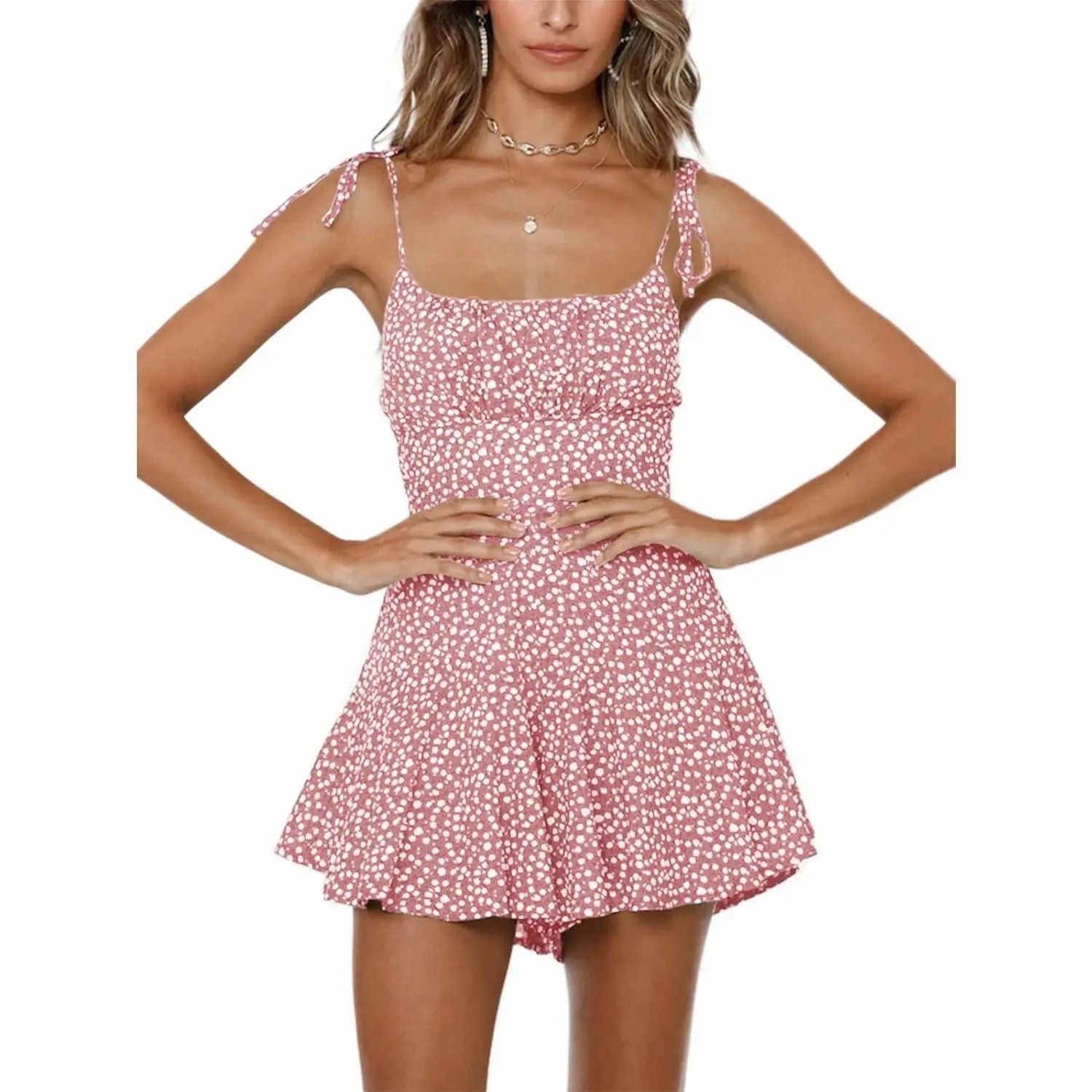 Women's Boho Floral Wide Leg Short Romper – Spaghetti Strap Smocked Jumpsuit