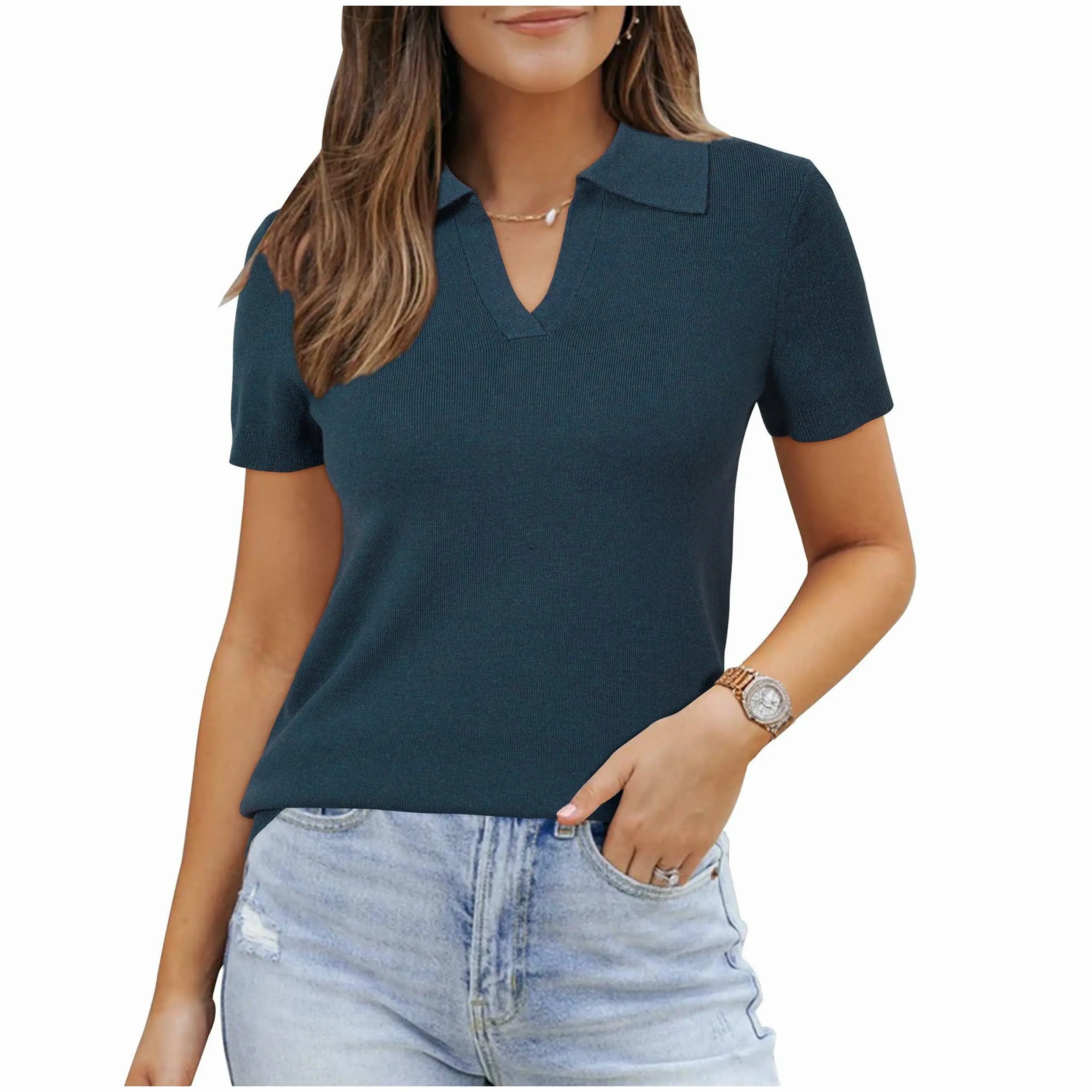 🔥Womens Wool Blend Polo Shirts Summer Sweater Tops Short Sleeve