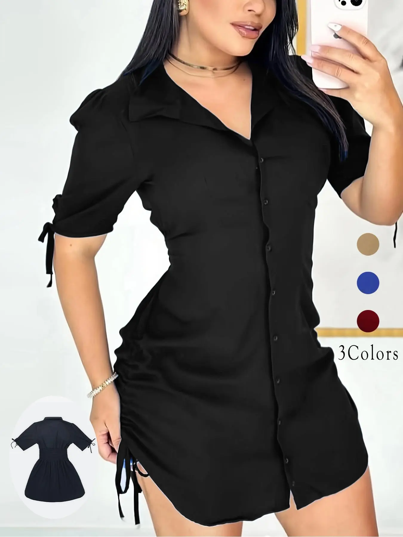Women's Solid Color Basic Shirt Collar Button Front Dress, Casual Short Sleeve Curved Hem Dress for Daily Wear, Ladies Clothes for Spring & Fall, Collared