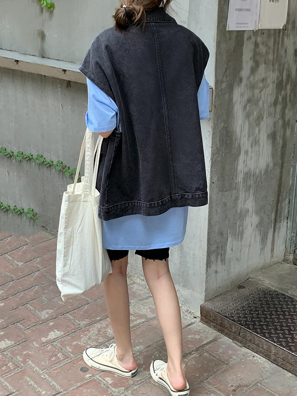 Simple Split-Joint Solid Color Denim Vest Outerwear