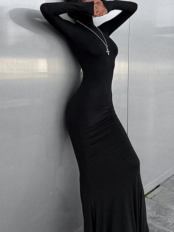 Solid Color Split-Joint Bodycon Long Sleeves High Neck Maxi Dresses
