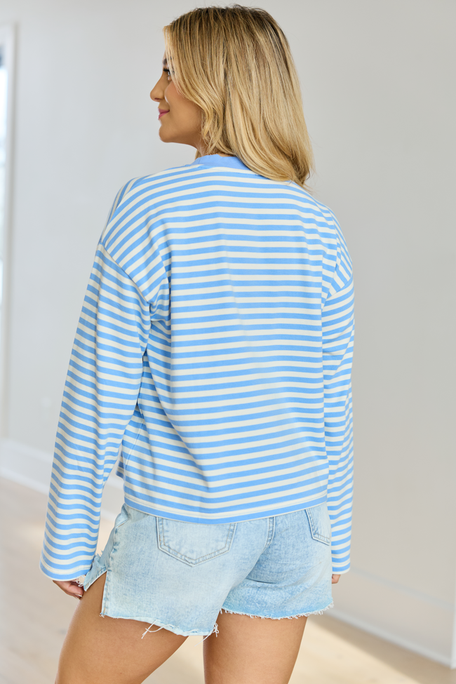 Nylah Blue Striped Long Sleeve Crewneck Top
