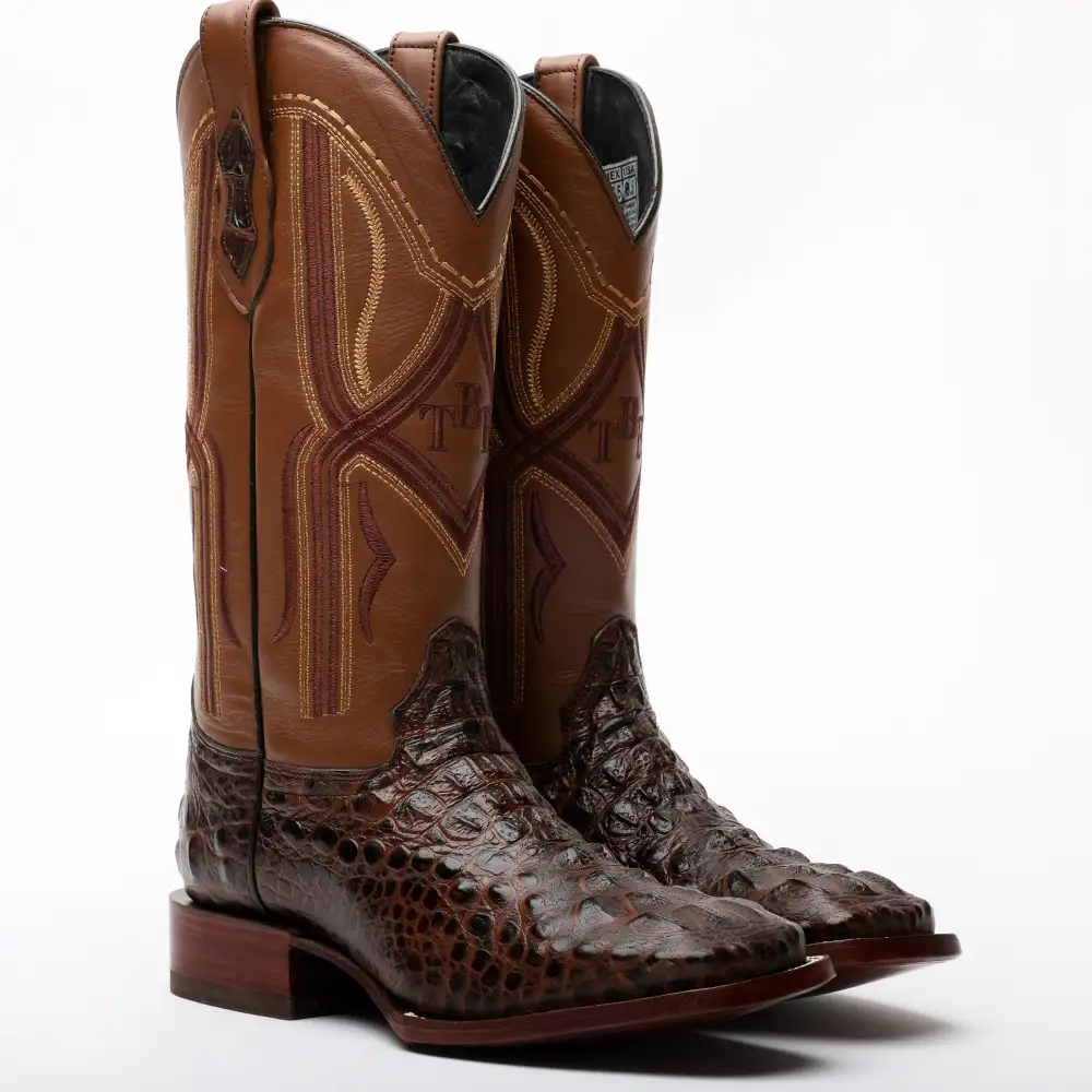 Brown Caiman Neck Leather Boots - Square Toe
