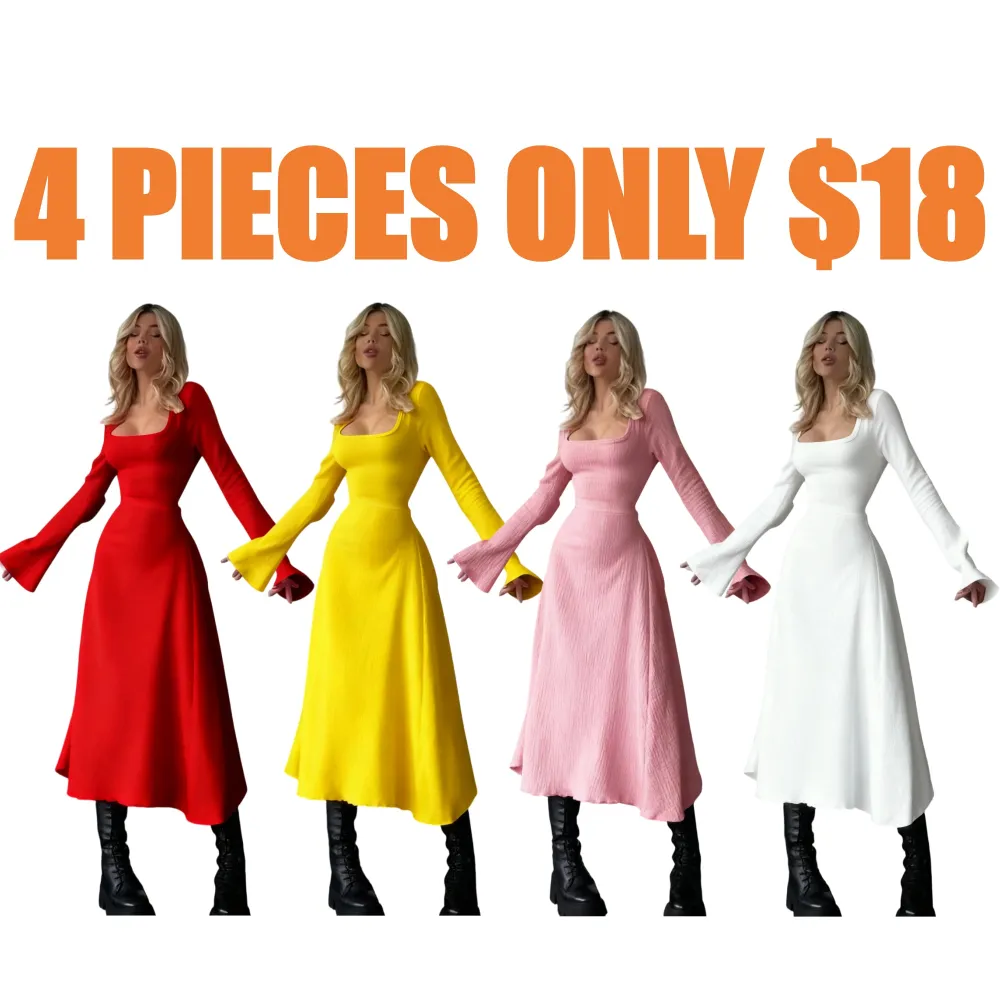 Women's Plain Lace Up Tie Back Flounce Sleeve Dress