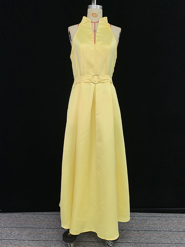 A-Line Loose Belted Pleated Pockets Solid Color V-Neck Midi Dresses