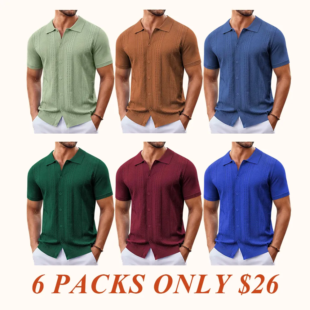 Mens Knit Button Down Shirt Short Sleeve Summer Casual Shirts Vintage Beach Vacation Shirts