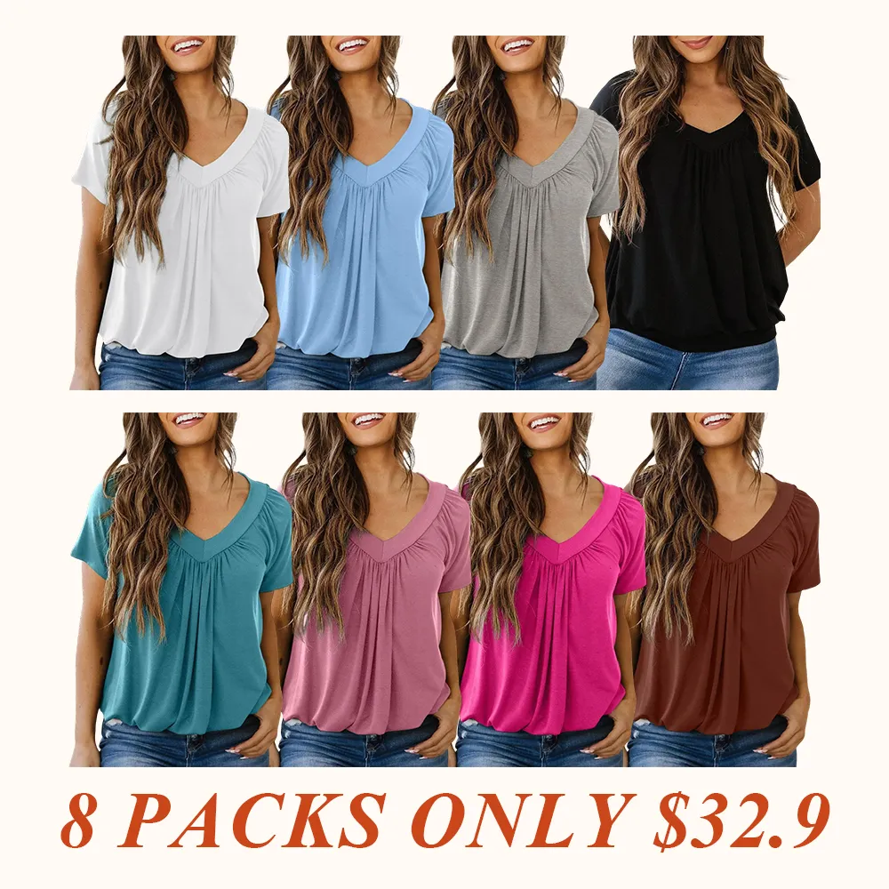 Women's Casual Summer Short Sleeve V Neck Tops T-shirts - Loose Fit & Comfortable Shirring Top