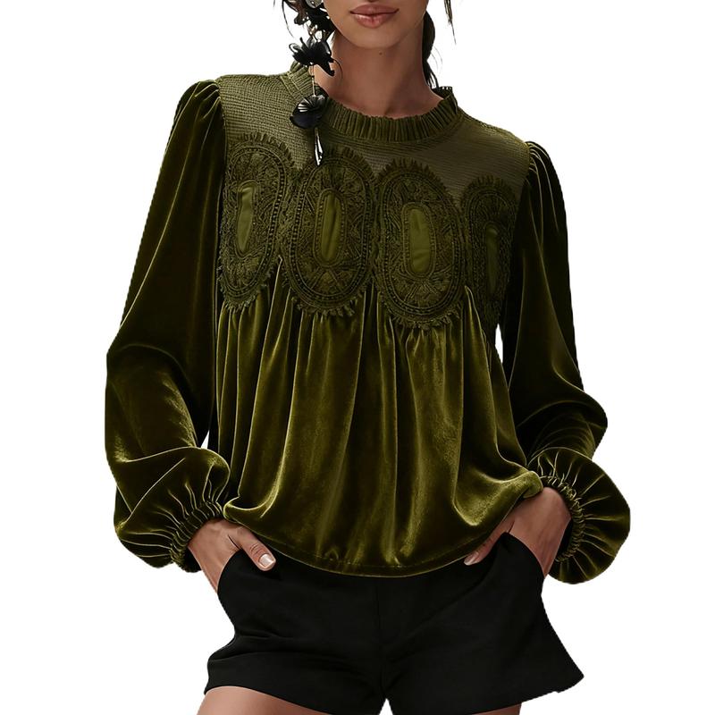 Women’s Elegant Velvet Lace Long Sleeve Blouse
