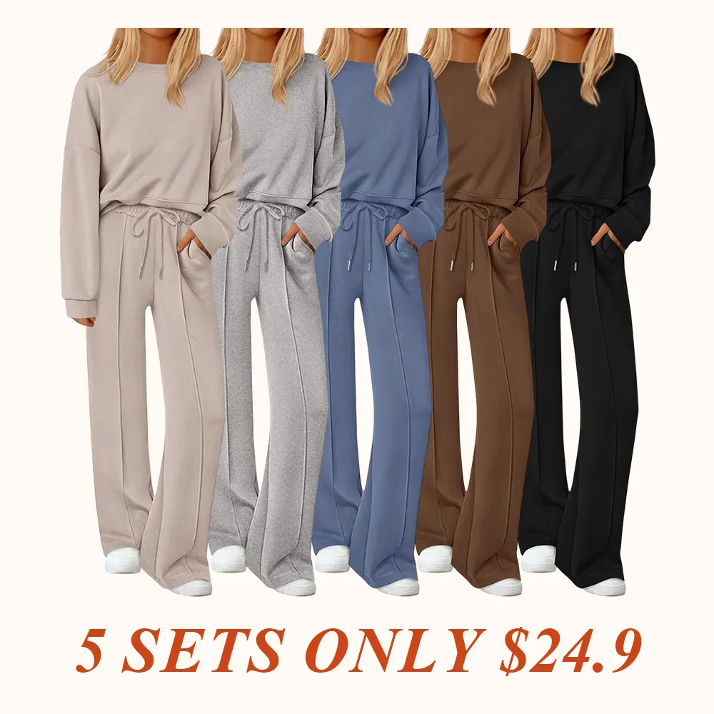 2 Piece Sets For Women Fall Trendy Long Sleeve Sweatshirt Wide Leg Pants Loungewear Set