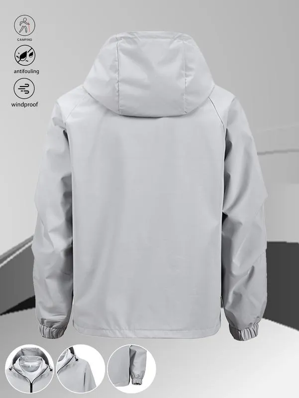 One black half-zip pullover with hoodie, outdoor camping style, large pockets, made of stain-resistant fabric